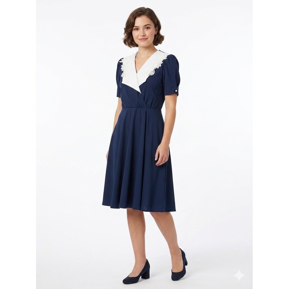 Whirlaway Frocks Vintage Navy Blue Lace Sailor Collar Midi Dress Size 12P USA‎